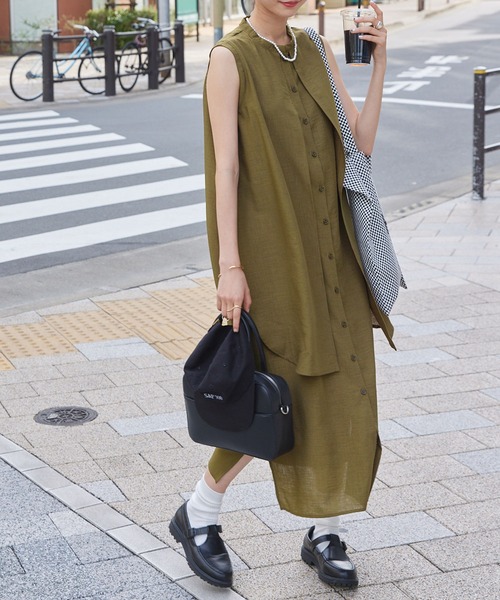 【洗える】23区 パウダリージョーゼット シャツワンピース ノースリーブ 洗える】LIBECO ノースリーブ シャツ ワンピース / 23区