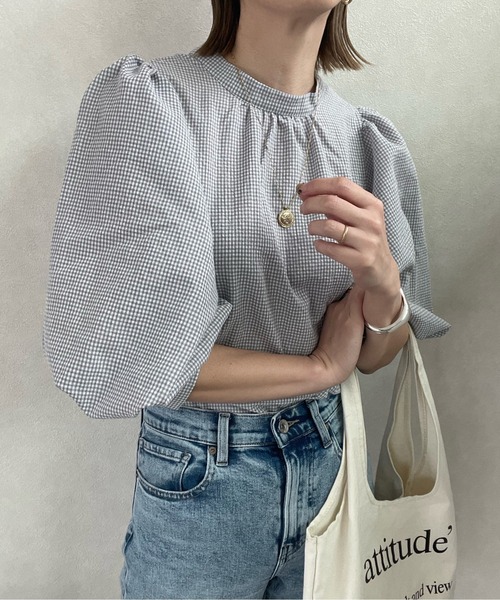 y/m by misato（イムバイミサト）の「ギンガムチェック7分袖ボリュームブラウス（シャツ/ブラウス・レディース・グレー/ブラック・FREE）」の2枚目の写真