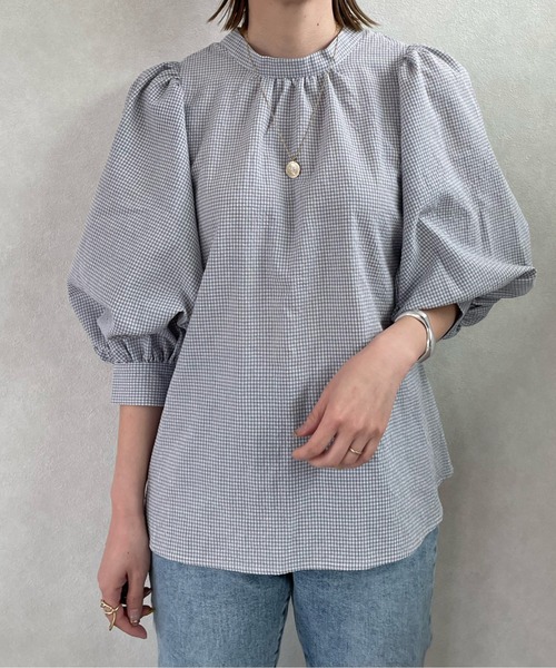 y/m by misato（イムバイミサト）の「ギンガムチェック7分袖ボリュームブラウス（シャツ/ブラウス・レディース・グレー/ブラック・FREE）」の3枚目の写真