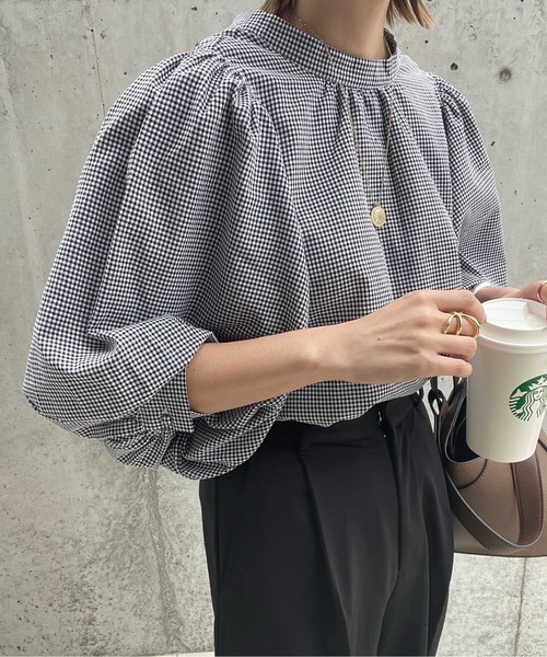y/m by misato（イムバイミサト）の「ギンガムチェック7分袖ボリュームブラウス（シャツ/ブラウス・レディース・グレー/ブラック・FREE）」の15枚目の写真