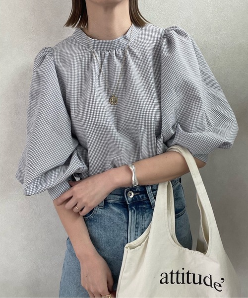 y/m by misato（イムバイミサト）の「ギンガムチェック7分袖ボリュームブラウス（シャツ/ブラウス・レディース・グレー/ブラック・FREE）」の5枚目の写真