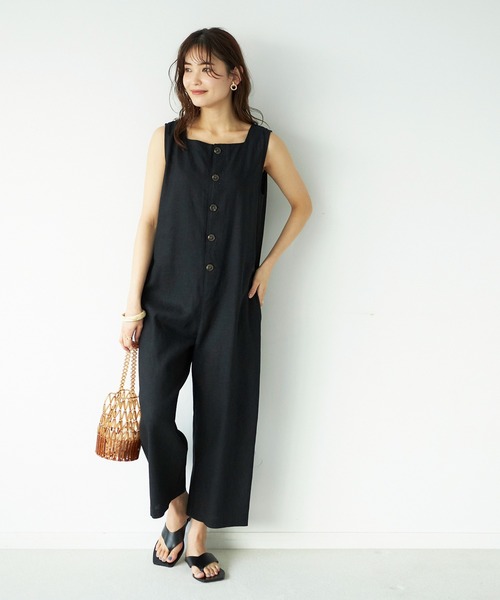 GeeRA（ジーラ）の「麻混オールインワン（つなぎ/オールインワン・レディース・ブラック/ベージュ・LARGE/MEDIUM）」の4枚目の写真