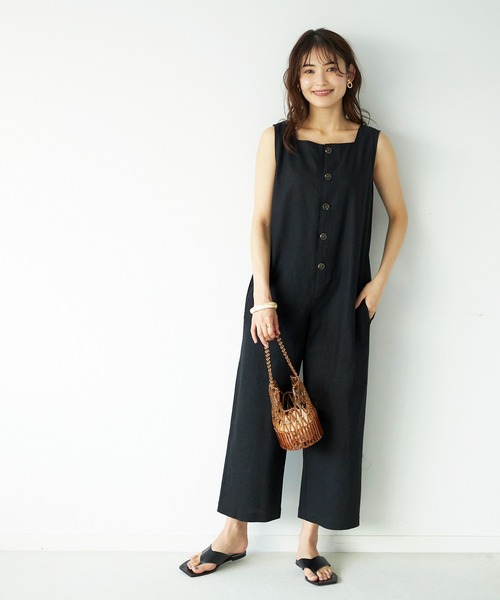 GeeRA（ジーラ）の「麻混オールインワン（つなぎ/オールインワン・レディース・ブラック/ベージュ・LARGE/MEDIUM）」の3枚目の写真