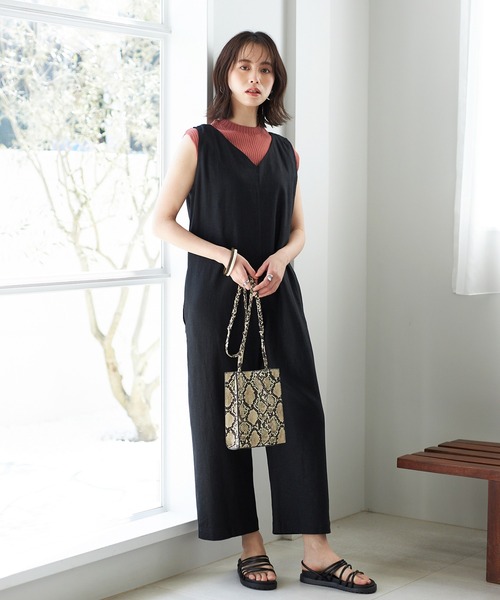 GeeRA（ジーラ）の「麻混オールインワン（つなぎ/オールインワン・レディース・ブラック/ベージュ・LARGE/MEDIUM）」の6枚目の写真