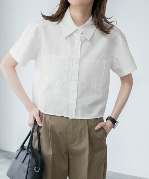 BONLECILL（ボンルシール）の「クロップドハーフスリーブシャツ（シャツ/ブラウス・レディース・オフホワイト/ブルー/ブルー系/ブラック系/ブルー系1/ネイビー系/オレンジ系/ピンク/ブラック系2/イエロー・FREE）」の13枚目の写真