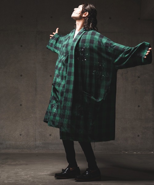 GLIMCLAP(グリムクラップ)の「mj8728-Plaid pattern-viyella material gownish design jacket ジャケット(その他アウター・メンズ・イエロー/ホワイト/レッド/グリーン・S/L/M)」の6枚目の写真