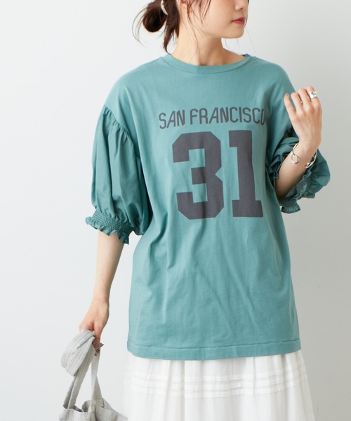 PUAL CE CIN（ピュアルセシン）の「ボリューム袖ナンバリングT（Tシャツ/カットソー・レディース・ベージュ/グリーン/ナチュラル・FREE）」の3枚目の写真