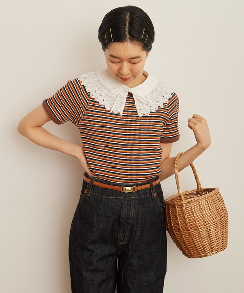 CHILD WOMAN(チャイルドウーマン)の「変形テレコマルチボーダー半袖プルオーバー(Tシャツ/カットソー・レディース・ブラウン/レッド・FREE)」の2枚目の写真