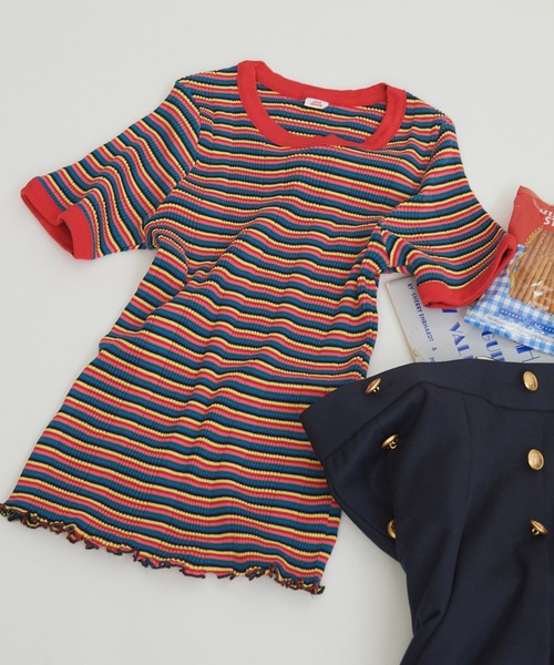 CHILD WOMAN(チャイルドウーマン)の「変形テレコマルチボーダー半袖プルオーバー(Tシャツ/カットソー・レディース・ブラウン/レッド・FREE)」の1枚目の写真