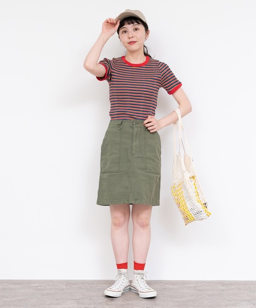 CHILD WOMAN(チャイルドウーマン)の「変形テレコマルチボーダー半袖プルオーバー(Tシャツ/カットソー・レディース・ブラウン/レッド・FREE)」の9枚目の写真