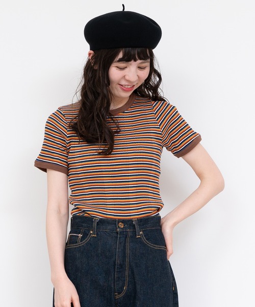 CHILD WOMAN(チャイルドウーマン)の「変形テレコマルチボーダー半袖プルオーバー(Tシャツ/カットソー・レディース・ブラウン/レッド・FREE)」の17枚目の写真