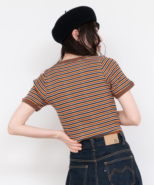 CHILD WOMAN(チャイルドウーマン)の「変形テレコマルチボーダー半袖プルオーバー(Tシャツ/カットソー・レディース・ブラウン/レッド・FREE)」の18枚目の写真