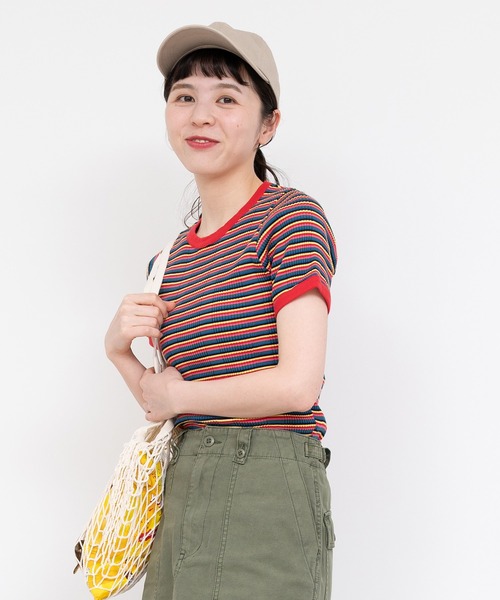 CHILD WOMAN(チャイルドウーマン)の「変形テレコマルチボーダー半袖プルオーバー(Tシャツ/カットソー・レディース・ブラウン/レッド・FREE)」の4枚目の写真