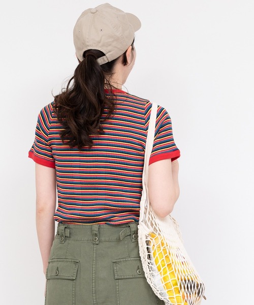 CHILD WOMAN(チャイルドウーマン)の「変形テレコマルチボーダー半袖プルオーバー(Tシャツ/カットソー・レディース・ブラウン/レッド・FREE)」の5枚目の写真
