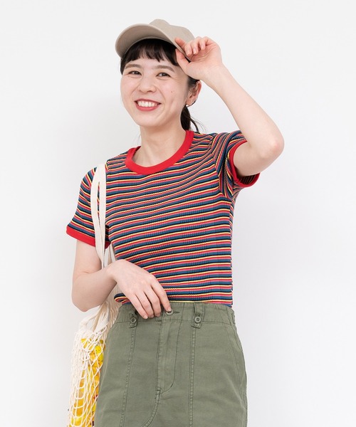 CHILD WOMAN(チャイルドウーマン)の「変形テレコマルチボーダー半袖プルオーバー(Tシャツ/カットソー・レディース・ブラウン/レッド・FREE)」の3枚目の写真