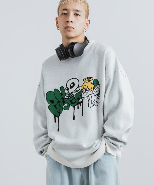 Rocky Monroe(ロッキーモンロー)の「オーバーサイズ ジャガード編み ニットプルオーバー クルーネック セーター(ニット/セーター・メンズ・パープル/イエロー/グリーン/アイボリー/アイボリー系/グリーン系/パープル系/ブラック・M/L)」の4枚目の写真