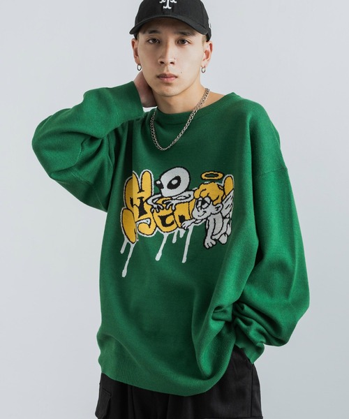 Rocky Monroe(ロッキーモンロー)の「オーバーサイズ ジャガード編み ニットプルオーバー クルーネック セーター(ニット/セーター・メンズ・パープル/イエロー/グリーン/アイボリー/アイボリー系/グリーン系/パープル系/ブラック・M/L)」の6枚目の写真