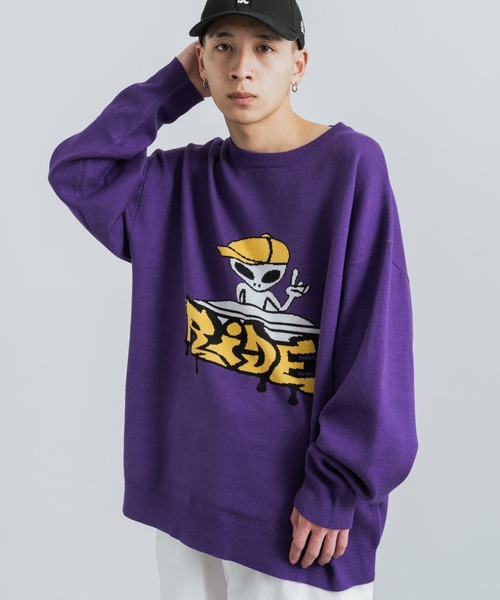 Rocky Monroe(ロッキーモンロー)の「オーバーサイズ ジャガード編み ニットプルオーバー クルーネック セーター(ニット/セーター・メンズ・パープル/イエロー/グリーン/アイボリー/アイボリー系/グリーン系/パープル系/ブラック・M/L)」の7枚目の写真