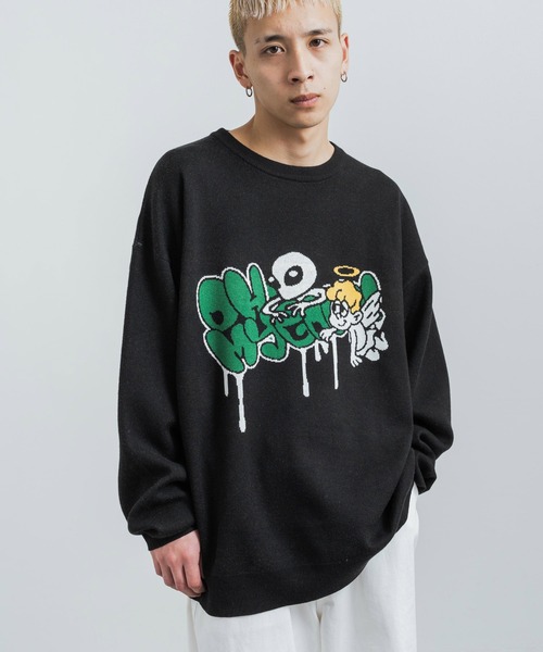 Rocky Monroe(ロッキーモンロー)の「オーバーサイズ ジャガード編み ニットプルオーバー クルーネック セーター(ニット/セーター・メンズ・パープル/イエロー/グリーン/アイボリー/アイボリー系/グリーン系/パープル系/ブラック・M/L)」の3枚目の写真