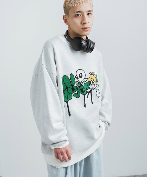 Rocky Monroe(ロッキーモンロー)の「オーバーサイズ ジャガード編み ニットプルオーバー クルーネック セーター(ニット/セーター・メンズ・パープル/イエロー/グリーン/アイボリー/アイボリー系/グリーン系/パープル系/ブラック・M/L)」の19枚目の写真