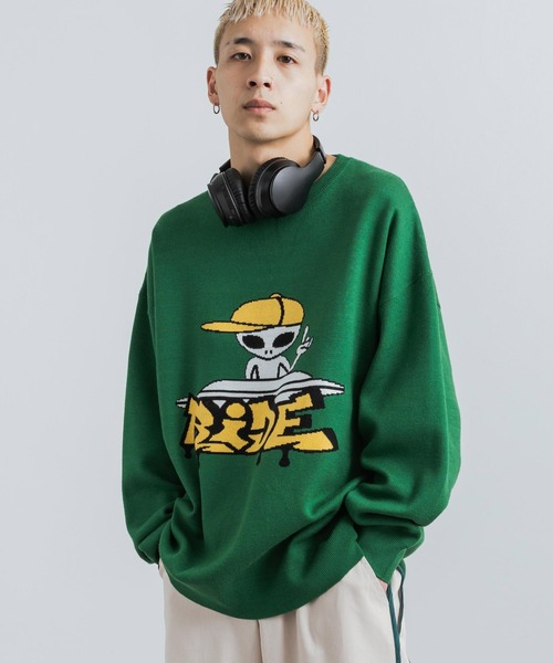 Rocky Monroe(ロッキーモンロー)の「オーバーサイズ ジャガード編み ニットプルオーバー クルーネック セーター(ニット/セーター・メンズ・パープル/イエロー/グリーン/アイボリー/アイボリー系/グリーン系/パープル系/ブラック・M/L)」の10枚目の写真