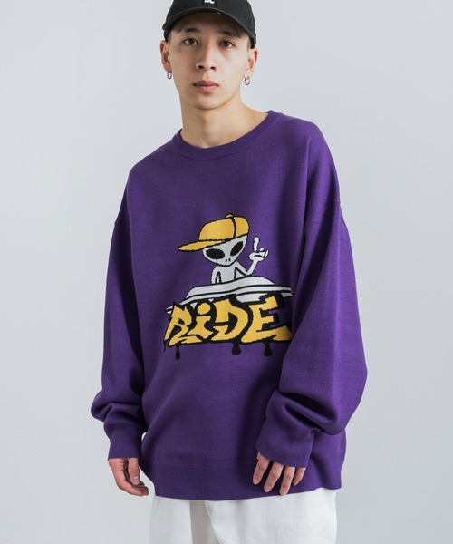 Rocky Monroe(ロッキーモンロー)の「オーバーサイズ ジャガード編み ニットプルオーバー クルーネック セーター(ニット/セーター・メンズ・パープル/イエロー/グリーン/アイボリー/アイボリー系/グリーン系/パープル系/ブラック・M/L)」の16枚目の写真