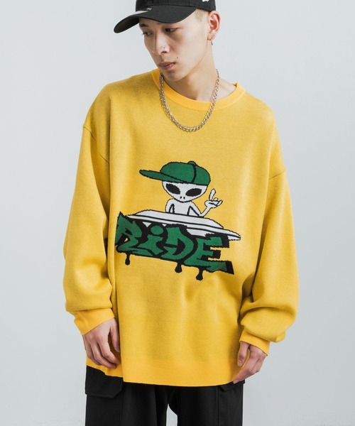 Rocky Monroe(ロッキーモンロー)の「オーバーサイズ ジャガード編み ニットプルオーバー クルーネック セーター(ニット/セーター・メンズ・パープル/イエロー/グリーン/アイボリー/アイボリー系/グリーン系/パープル系/ブラック・M/L)」の21枚目の写真