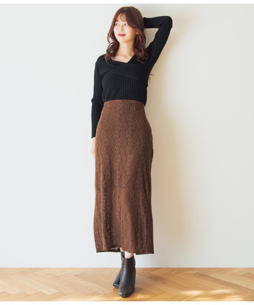 CHILLE(チル)の「起毛レースタイトスカート(スカート・レディース・ブラウン/アイボリー/ブラック・FREE)」の4枚目の写真
