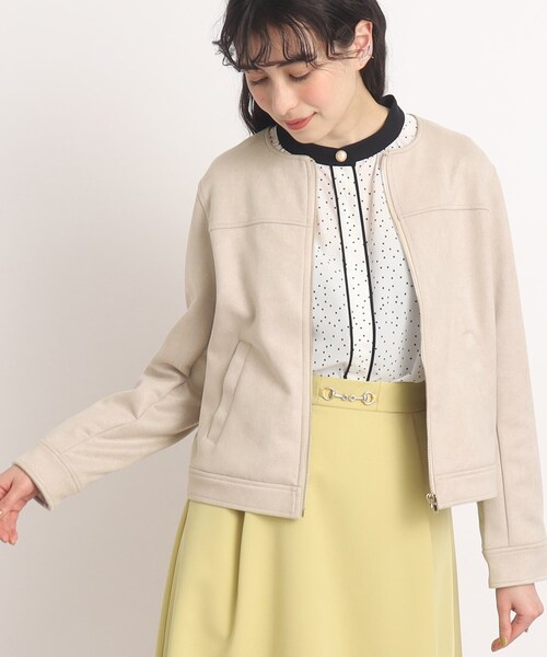 DRESKIP（ドレスキップ）の「◆【カジュアルからキレイめまで】もちもちノ－カラ－ブルゾン（ノーカラージャケット・レディース・チャコールグレー/ベージュ/ライトグレー・04/03/02）」の2枚目の写真