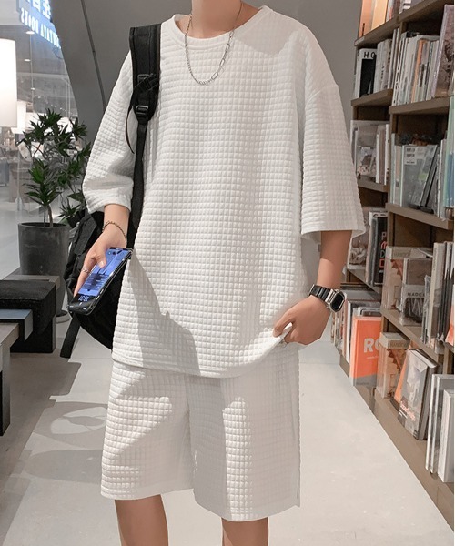 NEW GENTLEMAN（ニュージェントルマン）の「【2点SET】ワイメアワッフル　セットアップ Tシャツ＆ショートパンツセット（Tシャツ/カットソー・メンズ・ホワイト/ブラック/グレー・M/L/XL）」の2枚目の写真