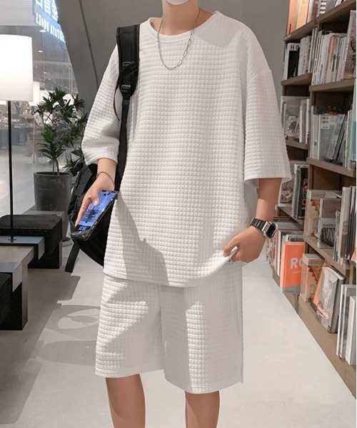 NEW GENTLEMAN（ニュージェントルマン）の「【2点SET】ワイメアワッフル　セットアップ Tシャツ＆ショートパンツセット（Tシャツ/カットソー・メンズ・ホワイト/ブラック/グレー・M/L/XL）」の9枚目の写真