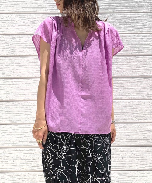 Q(キュー)の「シアーボーダースキッパーシャツ(シャツ/ブラウス・レディース・オリーブ系/ピンク系・MEDIUM)」の8枚目の写真