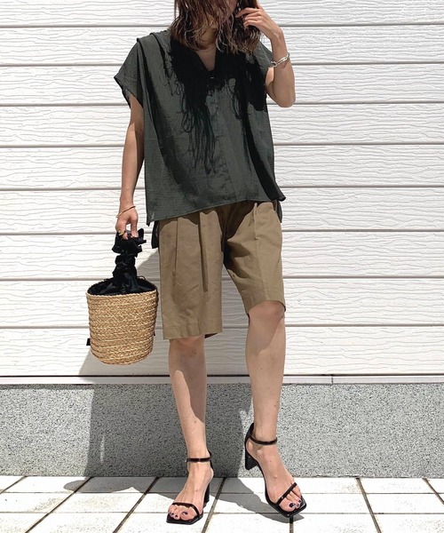 Q(キュー)の「シアーボーダースキッパーシャツ(シャツ/ブラウス・レディース・オリーブ系/ピンク系・MEDIUM)」の13枚目の写真