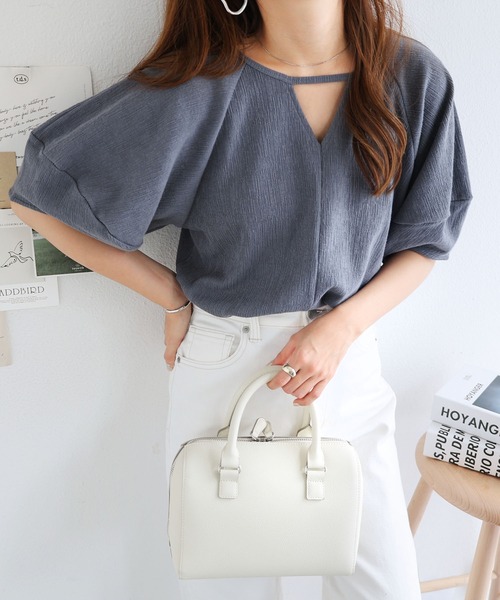 楊柳 前後2way ランタンスリーブ トップス セール】楊柳前後2wayランタンスリーブトップス（Tシャツ