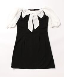 袖ドッキングフロントリボンミニワンピ