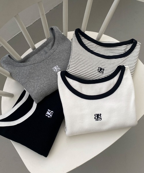 archives（アルシーヴ）の「ロゴ刺繍テレコパイピングＴＯＰＳ（Tシャツ/カットソー・レディース・ブラック/ホワイト×ブラック/グレー/オフホワイト・MEDIUM）」の4枚目の写真