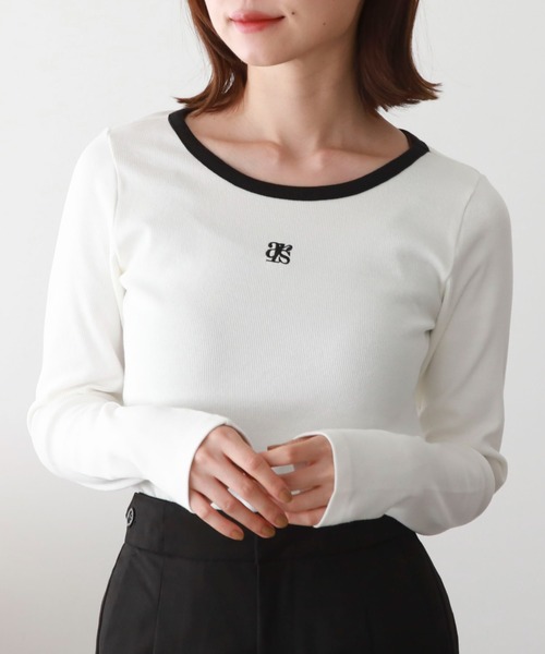 archives（アルシーヴ）の「ロゴ刺繍テレコパイピングＴＯＰＳ（Tシャツ/カットソー・レディース・ブラック/ホワイト×ブラック/グレー/オフホワイト・MEDIUM）」の5枚目の写真