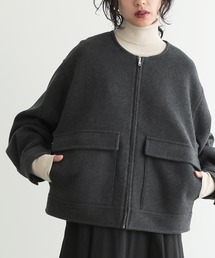 美品！アウター ウールライクノーカラーショートブルゾン. Lサイズ コットンライクツイルマルチカラー立体ポケットショートブルゾン