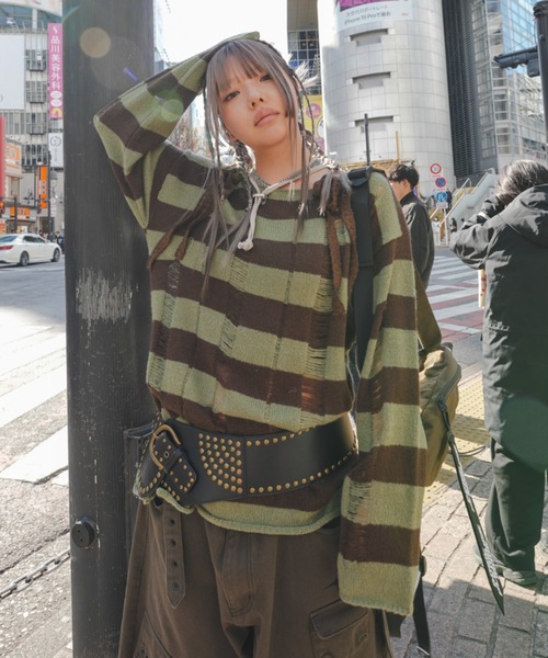 CRANK（クランク）の「【CRANK】DAMAGED STRIPE KNIT（ニット/セーター・レディース・ピンク/カーキ/スカイブルー・ONE SIZE）」の22枚目の写真