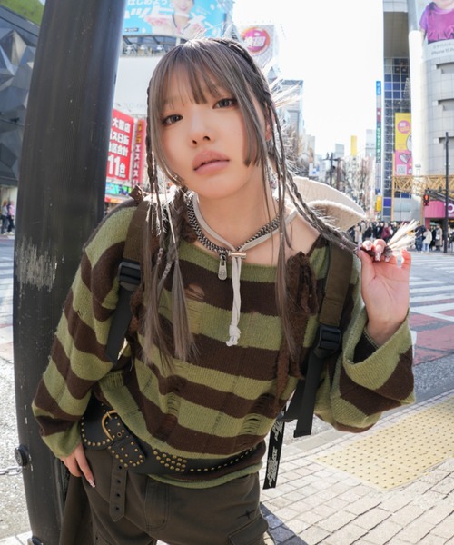 CRANK（クランク）の「【CRANK】DAMAGED STRIPE KNIT（ニット/セーター・レディース・ピンク/カーキ/スカイブルー・ONE SIZE）」の20枚目の写真