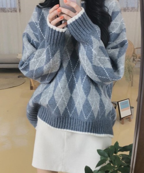 mebole(メボレ)の「アーガイル柄ニット(ニット/セーター・レディース・ブルー/ベージュ・FREE)」の11枚目の写真