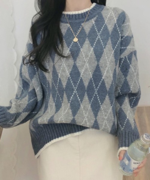 mebole(メボレ)の「アーガイル柄ニット(ニット/セーター・レディース・ブルー/ベージュ・FREE)」の12枚目の写真