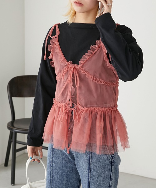 BONLECILL（ボンルシール）の「チュールフリルキャミソールビスチェ（キャミソール・レディース・ブラック/アイボリー/モカ/ピンク/グレイッシュブルー・FREE）」の5枚目の写真