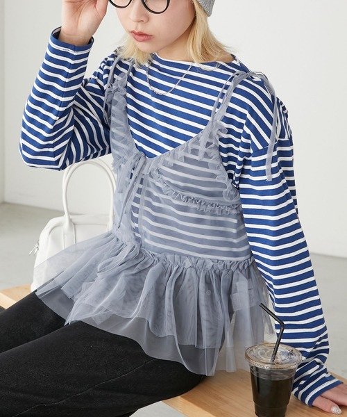 BONLECILL（ボンルシール）の「チュールフリルキャミソールビスチェ（キャミソール・レディース・ブラック/アイボリー/モカ/ピンク/グレイッシュブルー・FREE）」の4枚目の写真