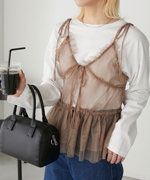 BONLECILL（ボンルシール）の「チュールフリルキャミソールビスチェ（キャミソール・レディース・ブラック/アイボリー/モカ/ピンク/グレイッシュブルー・FREE）」の3枚目の写真