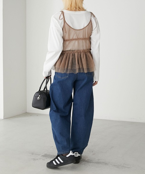 BONLECILL（ボンルシール）の「チュールフリルキャミソールビスチェ（キャミソール・レディース・ブラック/アイボリー/モカ/ピンク/グレイッシュブルー・FREE）」の6枚目の写真