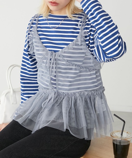 BONLECILL（ボンルシール）の「チュールフリルキャミソールビスチェ（キャミソール・レディース・ブラック/アイボリー/モカ/ピンク/グレイッシュブルー・FREE）」の9枚目の写真