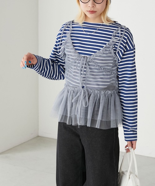 BONLECILL（ボンルシール）の「チュールフリルキャミソールビスチェ（キャミソール・レディース・ブラック/アイボリー/モカ/ピンク/グレイッシュブルー・FREE）」の10枚目の写真