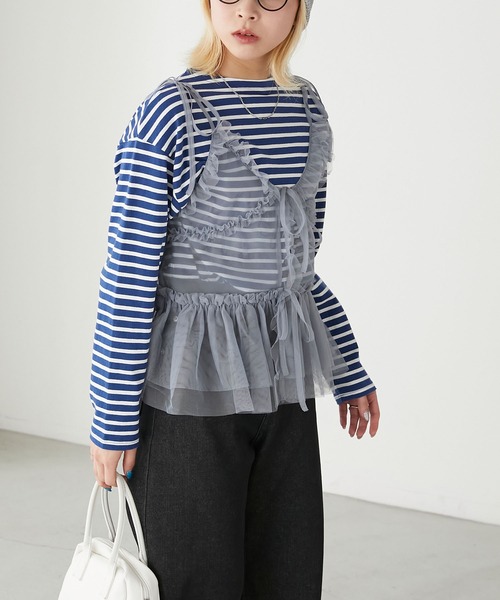 BONLECILL（ボンルシール）の「チュールフリルキャミソールビスチェ（キャミソール・レディース・ブラック/アイボリー/モカ/ピンク/グレイッシュブルー・FREE）」の11枚目の写真