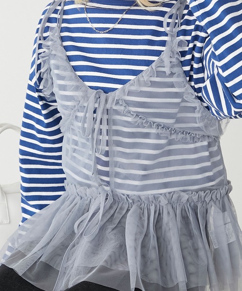 BONLECILL（ボンルシール）の「チュールフリルキャミソールビスチェ（キャミソール・レディース・ブラック/アイボリー/モカ/ピンク/グレイッシュブルー・FREE）」の13枚目の写真